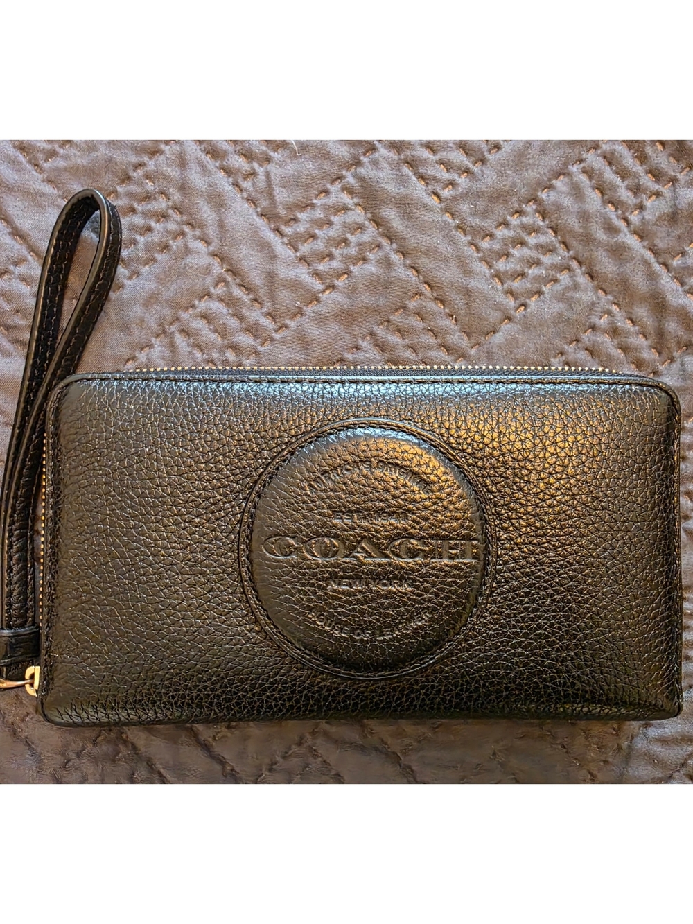Coach Black Pebbled Leather Wristlet Clutch with Embossed Logo